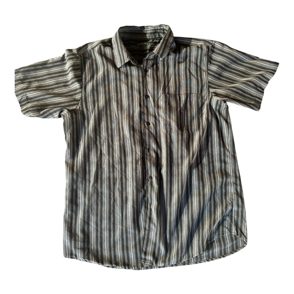 Kenneth Taylor Mens Short Sleeve Button Down Striped Shirt Grey Blue Large